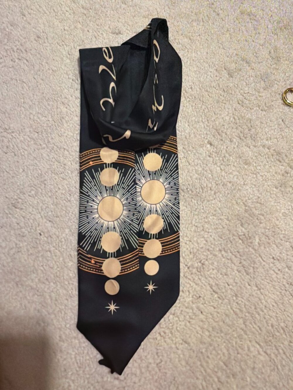 Black Celestial Twilly Scarf — Gold Sun & Stars Print, Skinny Bag Scarf